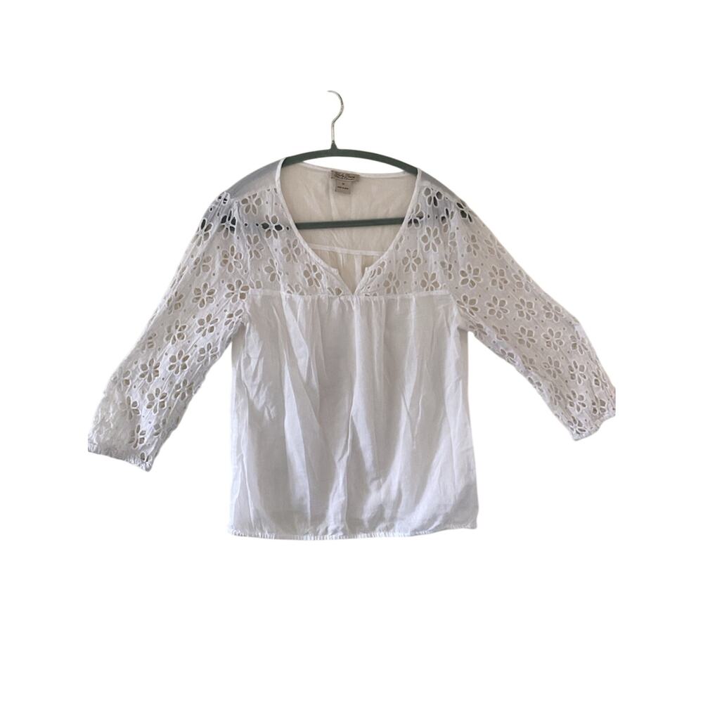 Lucky Brand White Eyelet Lace  V-Neck Blouse, Womens Sz M, Boho, Romantic